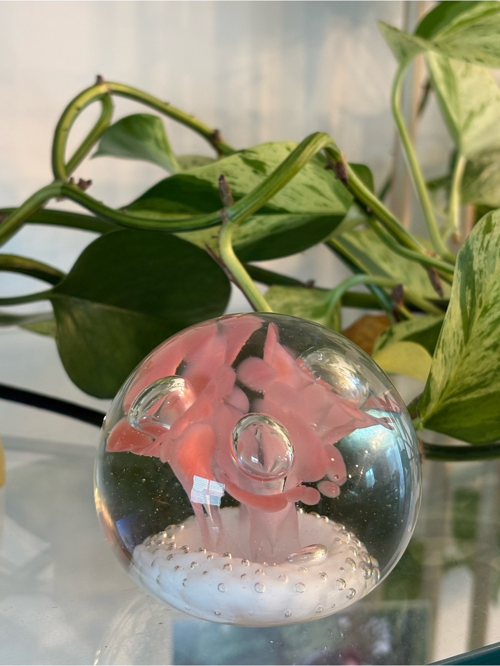 Hand-Blown Pink Trumpet Glass Paperweight - Artistic Floral Sphere